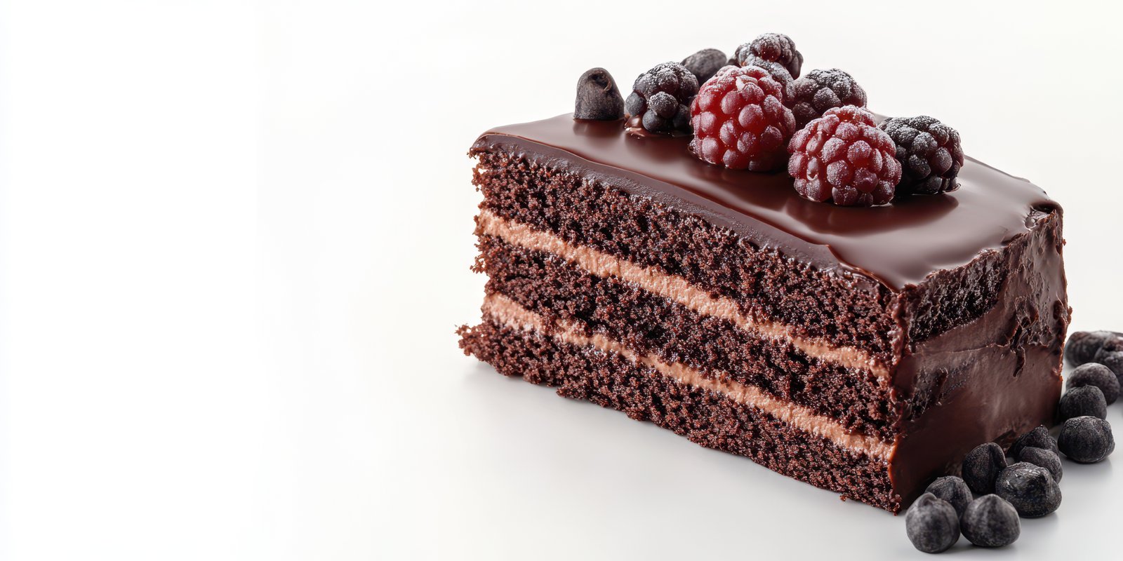 Delicious chocolate cake slice topped with berries on a clean background